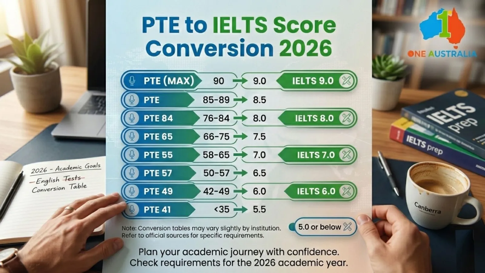 PTE to IELTS Score Conversion 2026 โ Official Chart, Skill-Wise Comparison & Real Examples