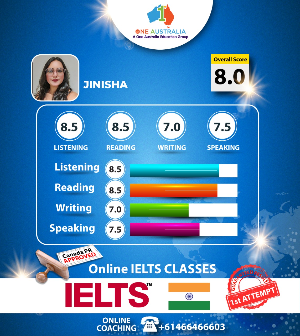 Student IELTS 7.5 scorecard One Australia Group