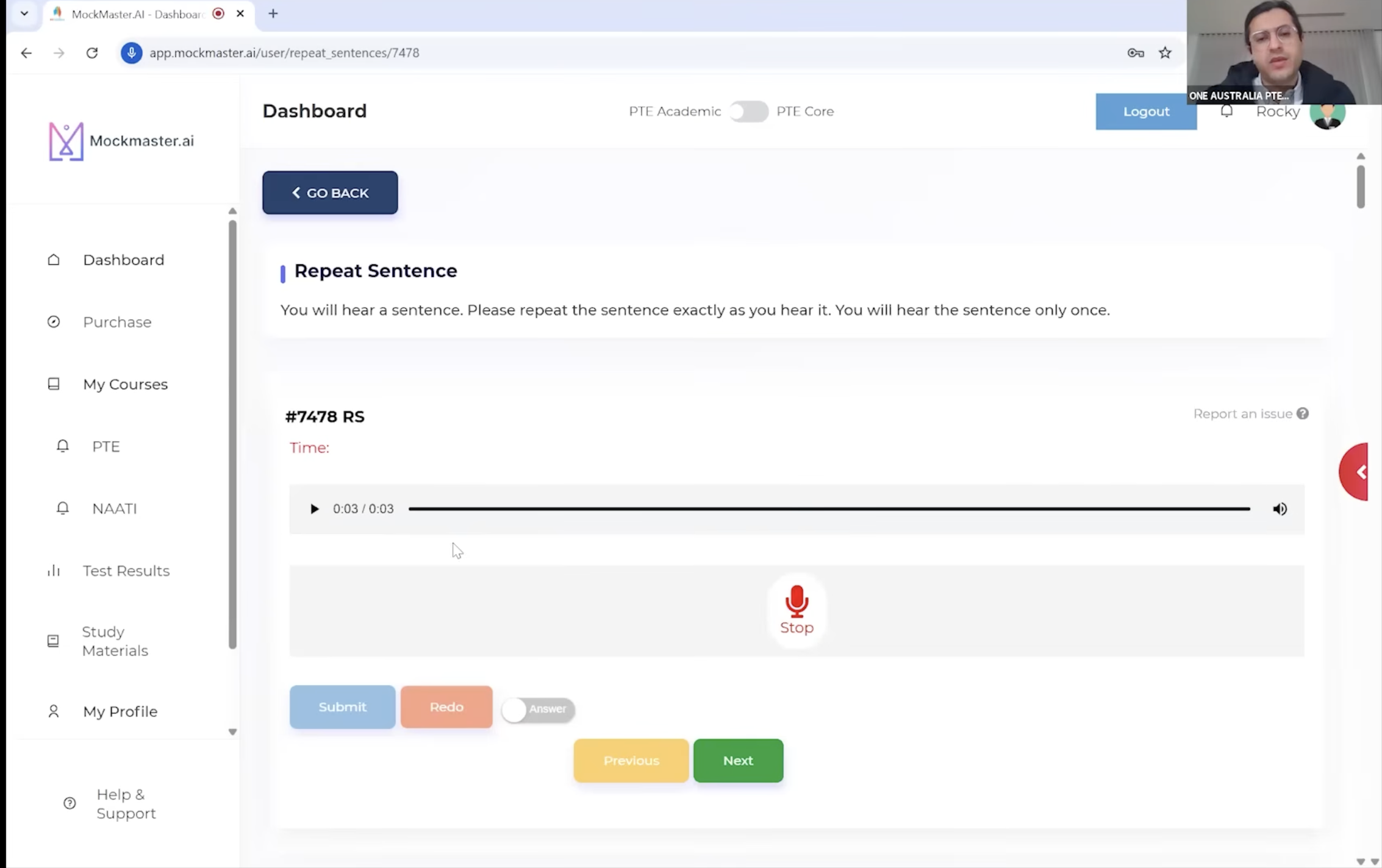 Malcolm live-coaching a PTE Zoom class on MockMaster.ai
