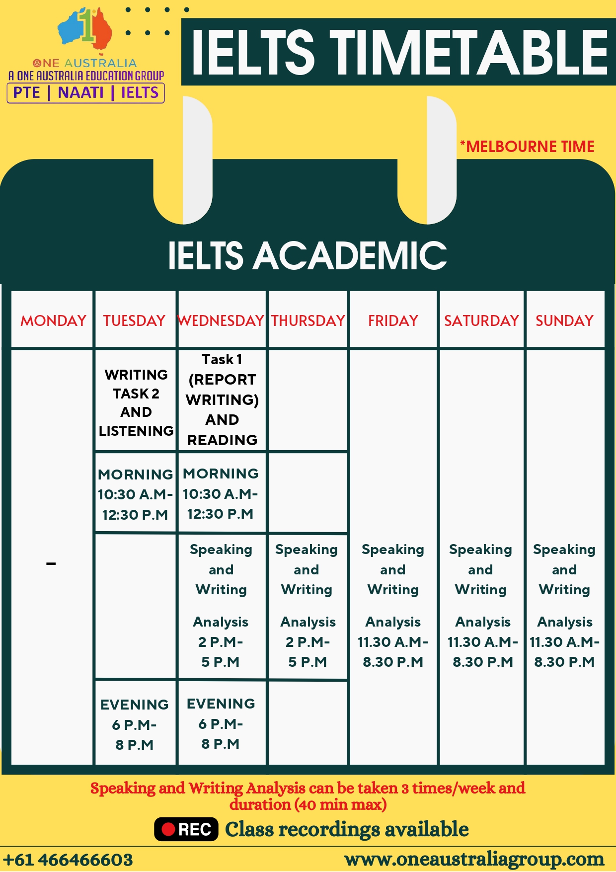 IELTS ACADAMY Coaching in Australia TIMETABLE