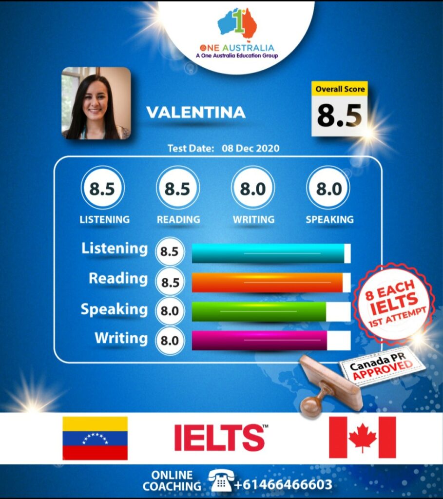 IELTS scorecard: Valentina achieves overall band score 8.5.