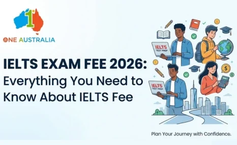 One Australia banner about 2026 IELTS Exam Fees with illustrations of studying students.