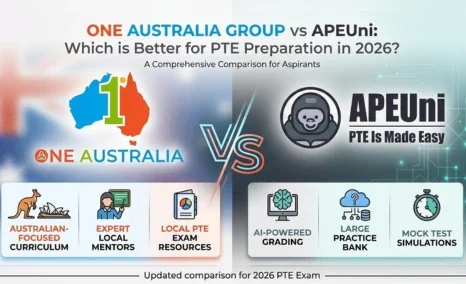 One Australia Group vs ApeUni 2026 PTE comparison with AI tools mentors mock tests and features