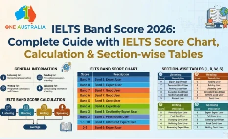 IELTS Band Score 2026 guide infographic showing score chart, calculation method, and section-wise tables