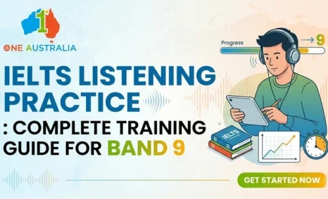 IELTS listening practice guide banner with student using headphones aiming for Band 9 success
