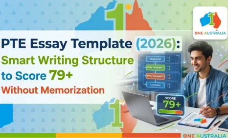 PTE Essay Template 2026 banner showing smart writing structure to score 79+ without memorization.