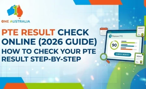 PTE Result Check Online 2026 guide with step-by-step score checking and score report icons.